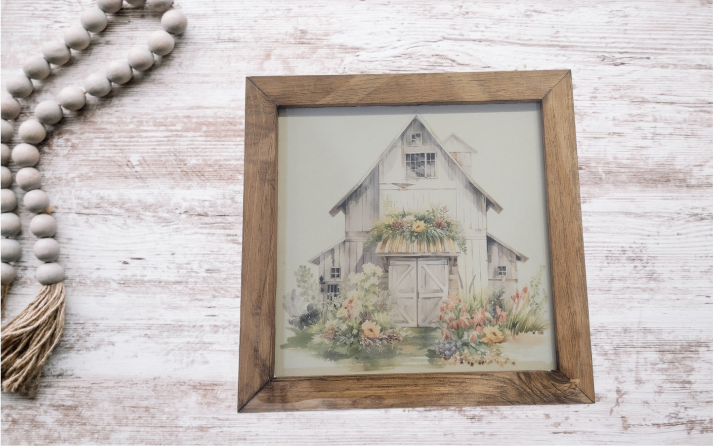 Floral Barn Framed Wall Art – Rustic Watercolor Farmhouse Print with Flowers (Wood Frame)