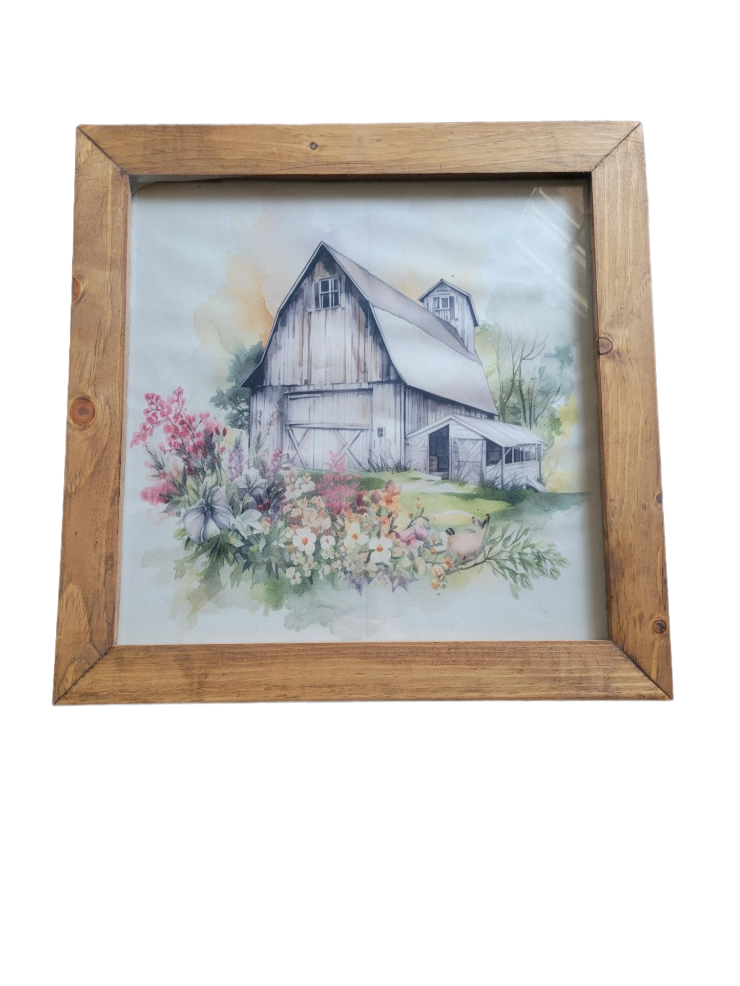 Rustic Barn Framed Wall Art – Watercolor Farmhouse Scene with Wildflowers (Wood Frame)