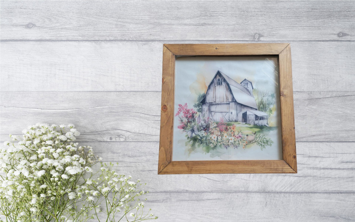 Rustic Barn Framed Wall Art – Watercolor Farmhouse Scene with Wildflowers (Wood Frame)