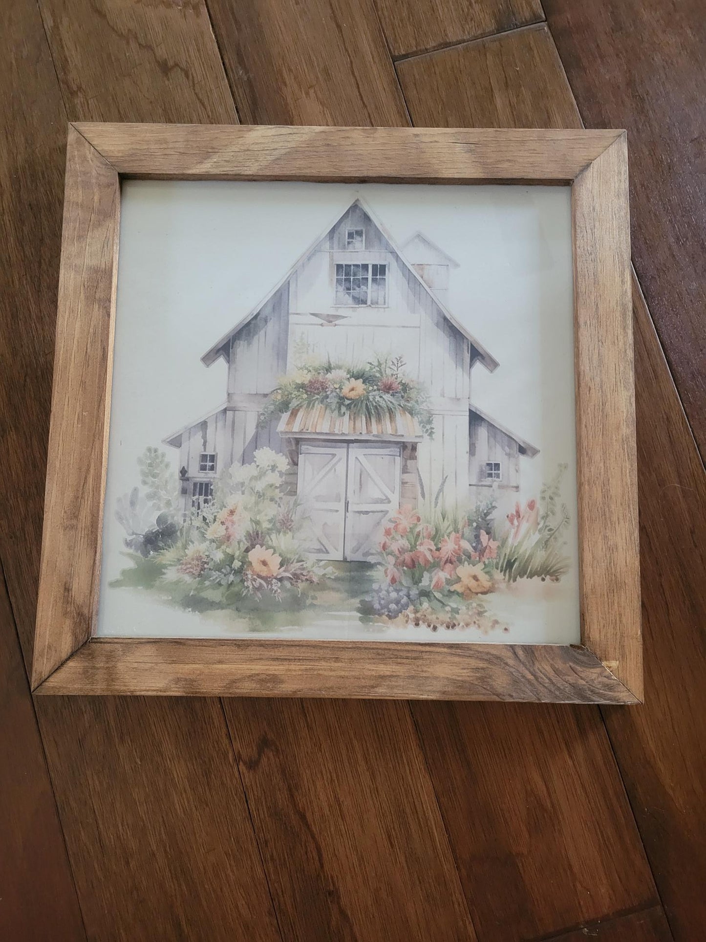 Floral Barn Framed Wall Art – Rustic Watercolor Farmhouse Print with Flowers (Wood Frame)