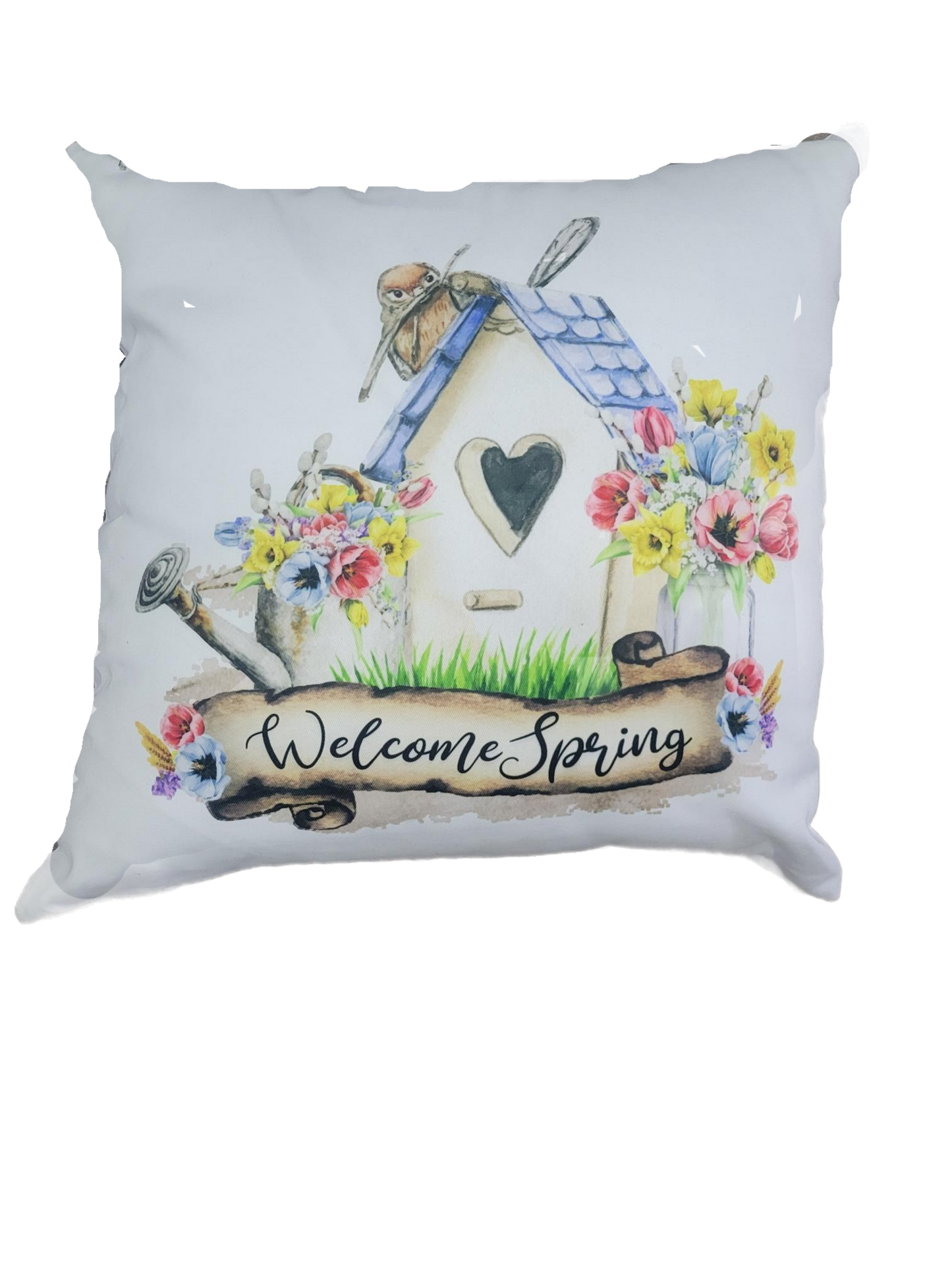 Welcome Spring" Decorative Throw Pillow – Birdhouse & Floral Watercolor Design