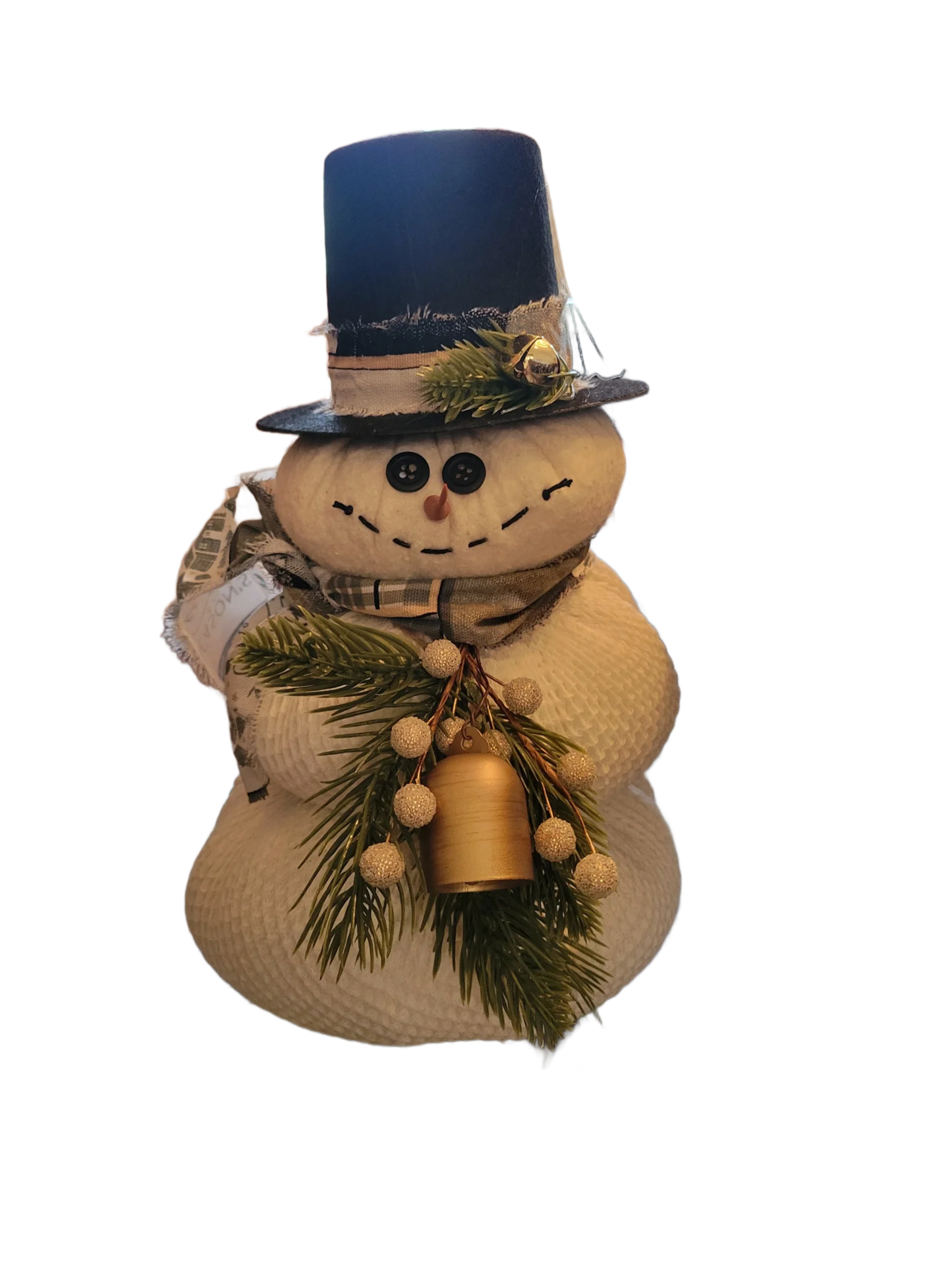 Handmade Snowman Decor with Top Hat – Rustic Christmas Snowman with Gold Bell and Greenery, Winter Holiday Home Decoration