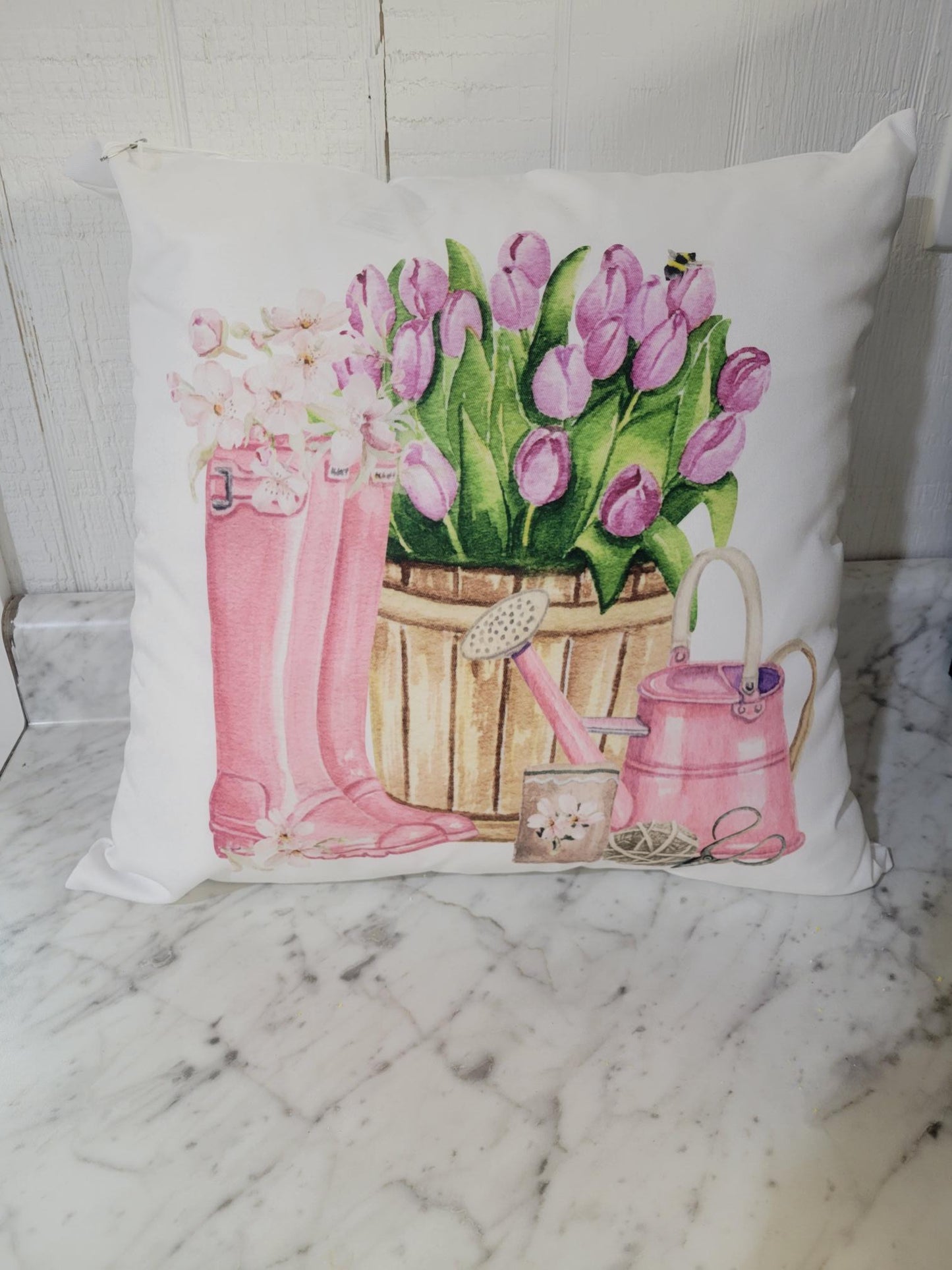 Pink Boots & Tulips Pillow – Charming Spring Farmhouse Accent