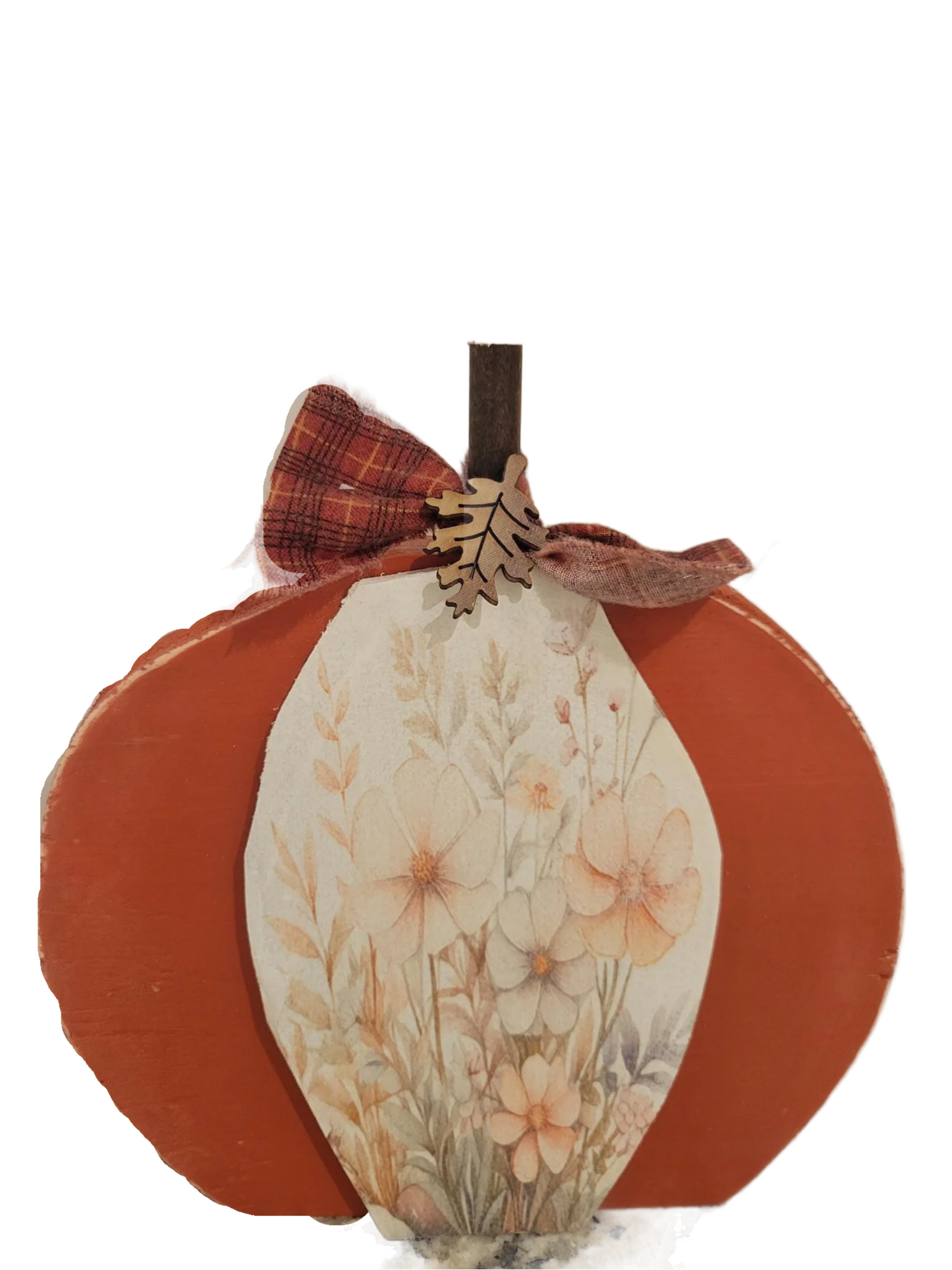Rustic Wood Pumpkin with Floral Centerpiece and Plaid Bow – Fall Farmhouse Decor