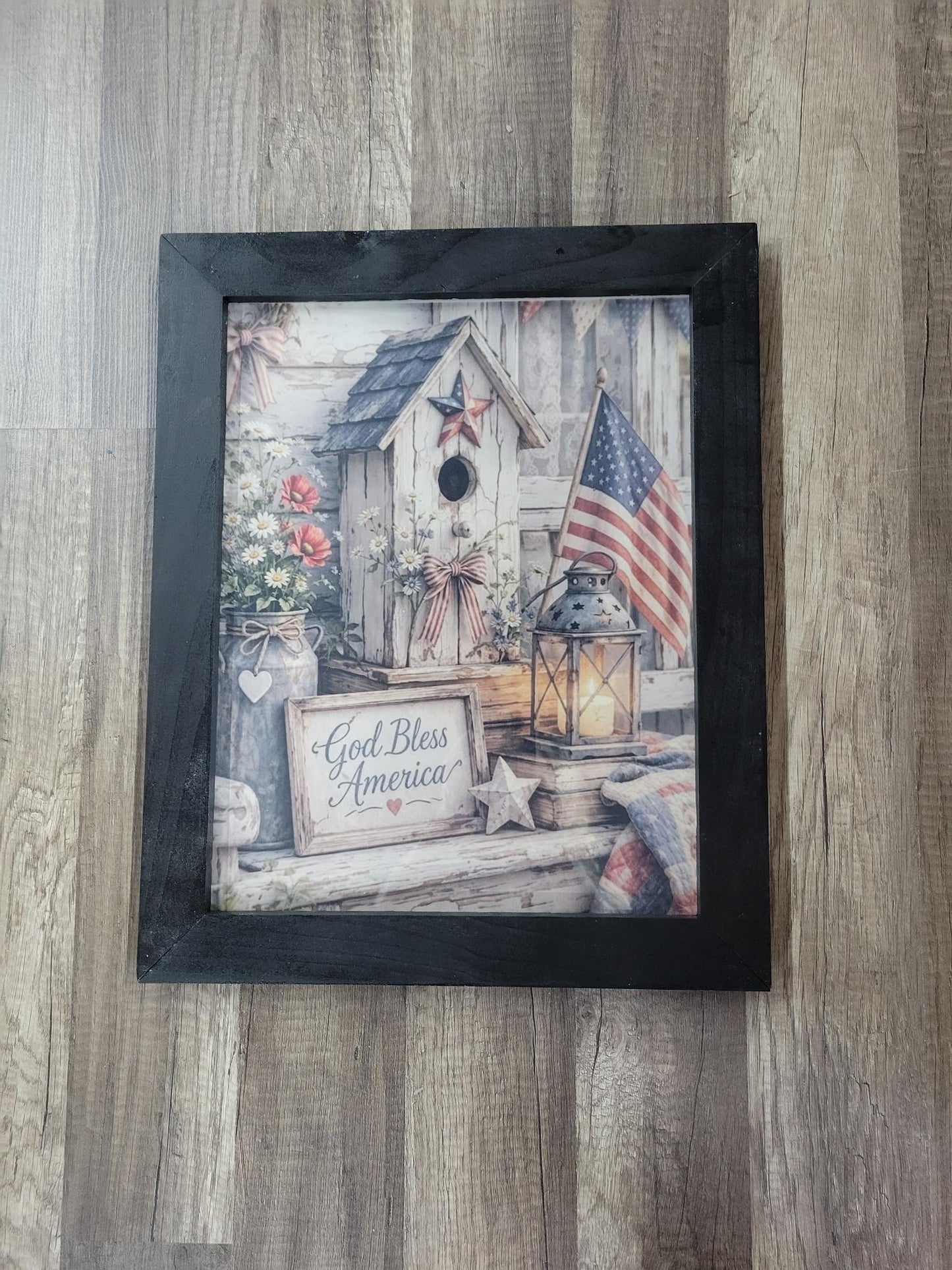 Rustic Americana Birdhouse Framed Art Print | 11x14 Patriotic Home Decor | God Bless America Sign