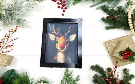 Whimsical 11x14 Reindeer Wall Art with Red Nose – Rustic Christmas Decor