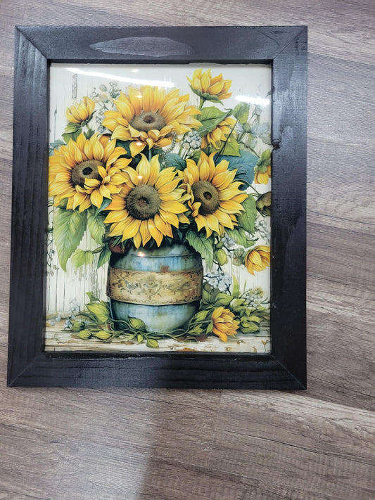 Sunflowers in Blue Crock Framed Wall Art – 11x14 Rustic Farmhouse Floral Print – Country Kitchen Sunflower Decor – Vintage Style Botanical Still Life Art