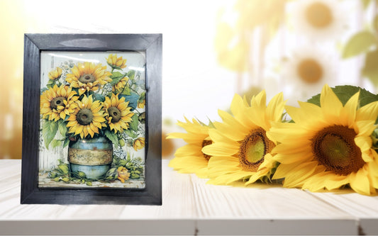 Rustic Sunflower Bouquet in Blue Jar – 11x14 Framed Farmhouse Wall Art