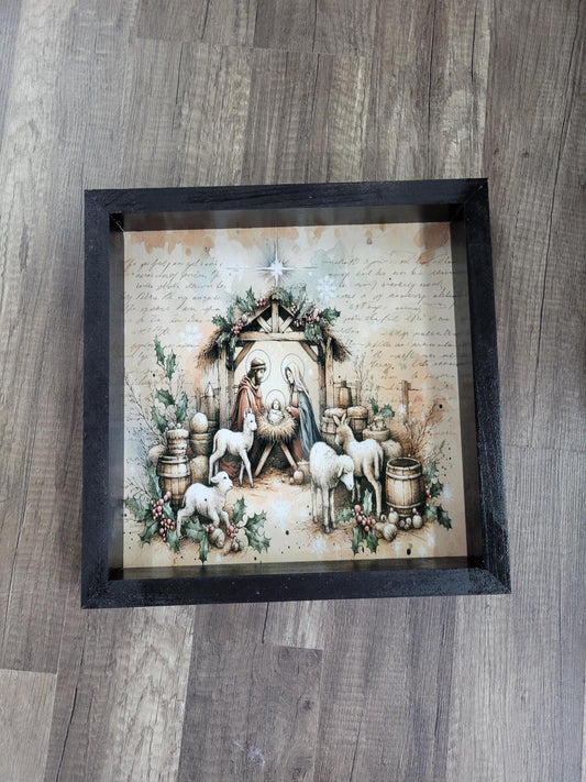 Framed Nativity Scene Christmas Art - Rustic Religious Decor