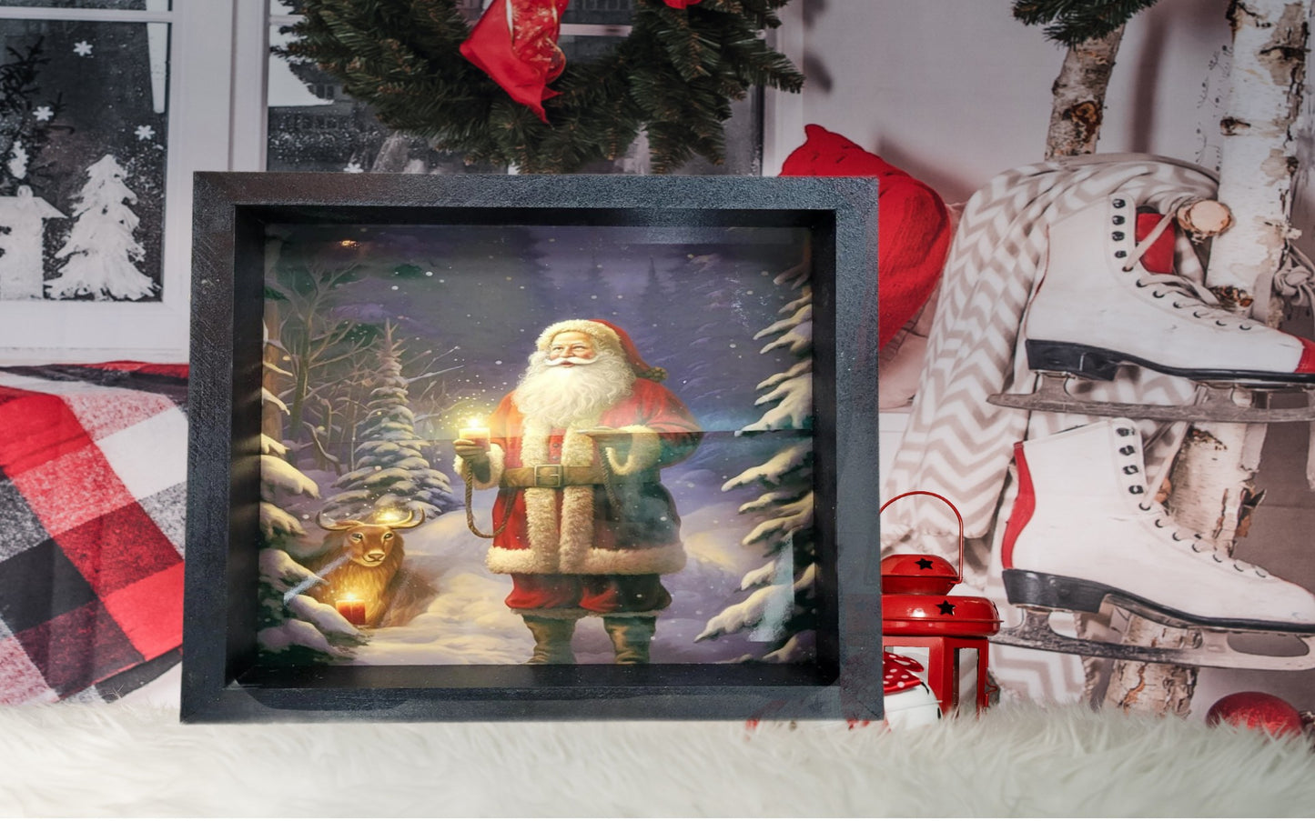 Lighted Santa and Deer Christmas Shadow Box Wall Art