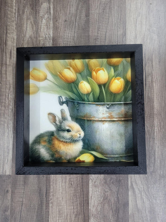 Rustic Bunny and Yellow Tulips Wall Art