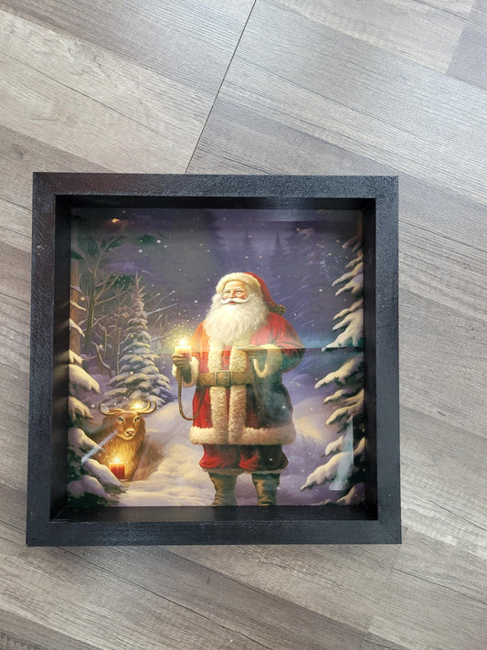Lighted Santa and Deer Christmas Shadow Box Wall Art