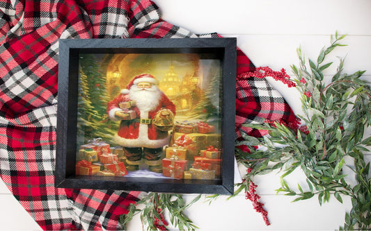 Framed Santa Claus Christmas Art with Presents - Festive Holiday Wall Decor