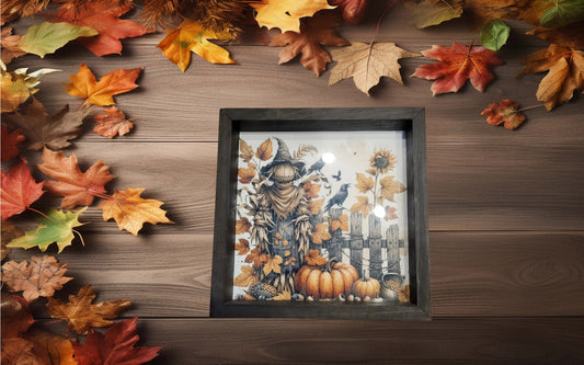 Rustic Scarecrow and Pumpkin Fall Wall Art – 12x12 Farmhouse Harvest Decor with Sunflowers and Crows