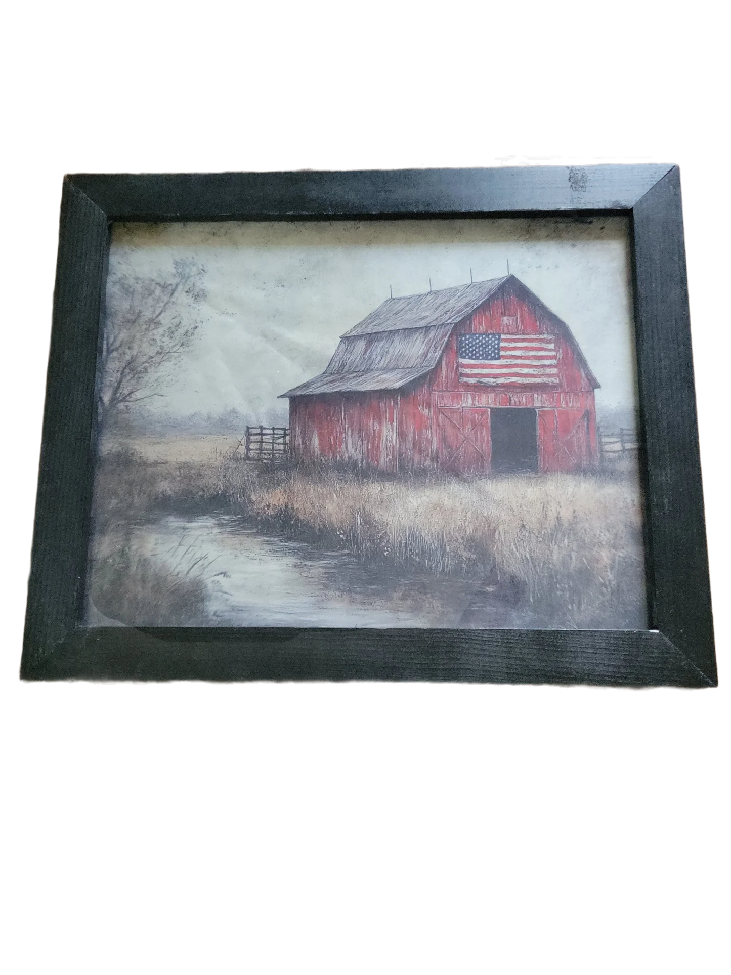 Rustic Red Barn American Flag Wall Art – 14x18 Framed Country Landscape – Patriotic Farmhouse Decor with Stream Scene – Primitive Americana Wood Frame Art
