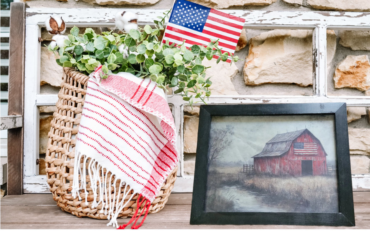Rustic Red Barn American Flag Wall Art – 14x18 Framed Country Landscape – Patriotic Farmhouse Decor with Stream Scene – Primitive Americana Wood Frame Art