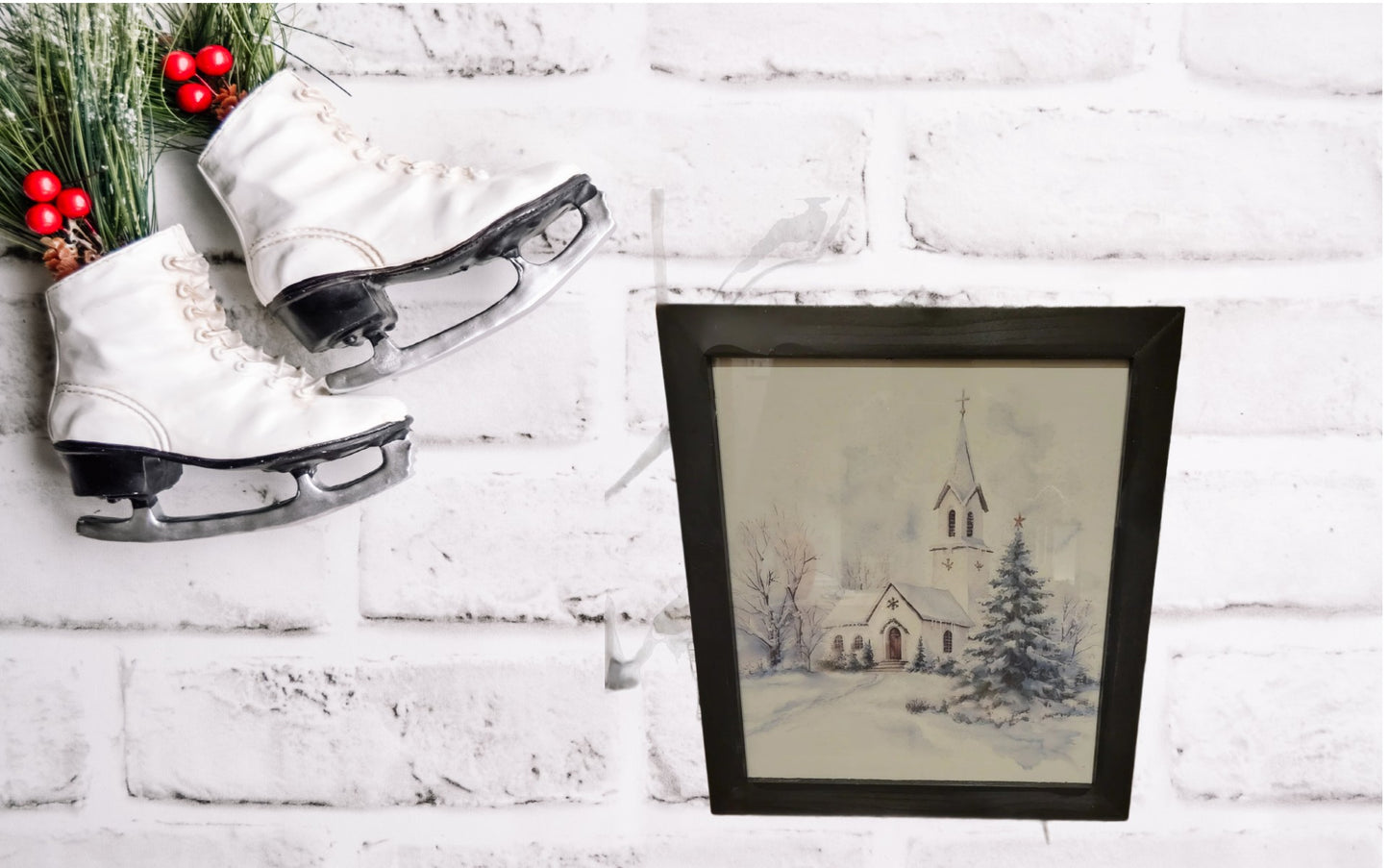 Winter Church Wall Art Print – Snowy Country Church Winter Landscape, Framed Rustic Farmhouse Home Decor