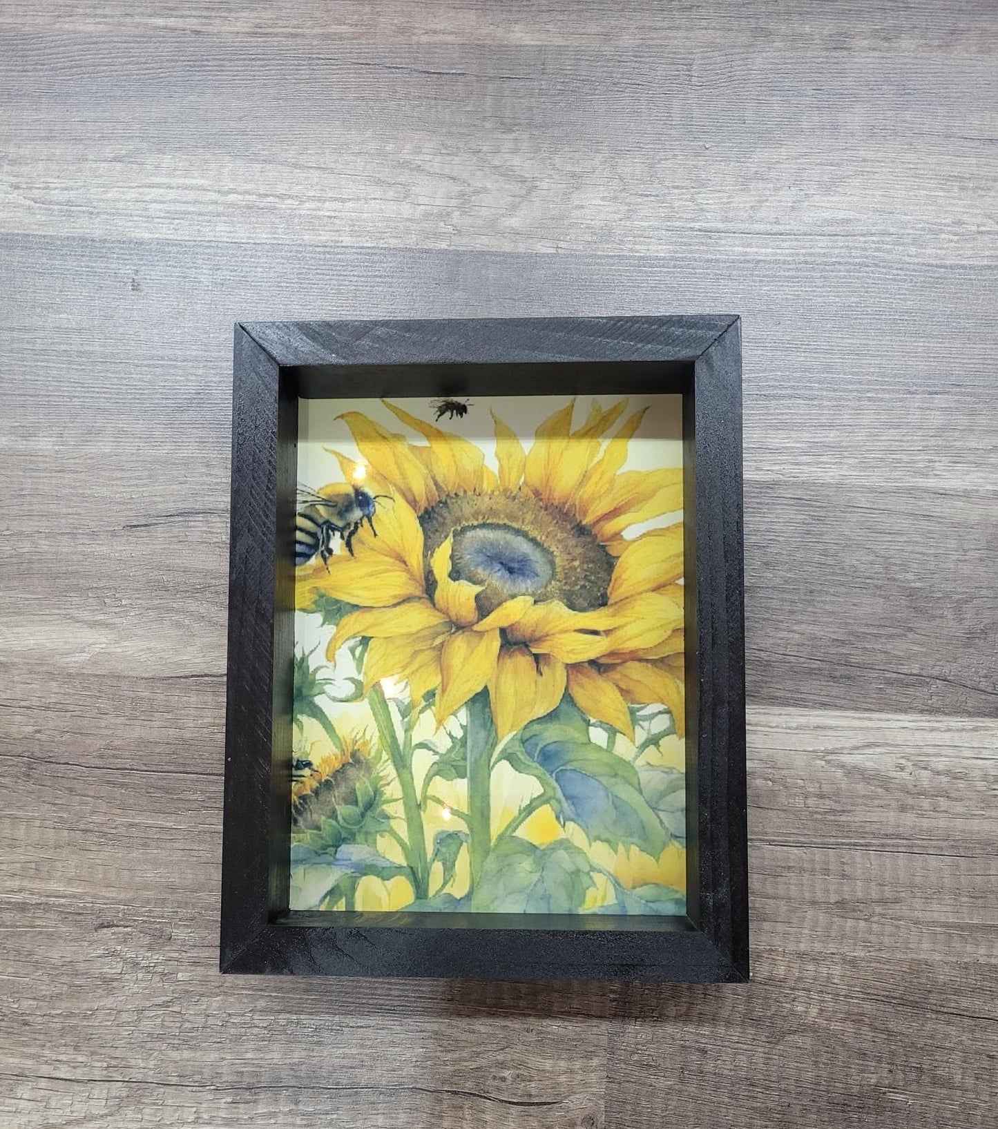 Framed Sunflower Art with Bees – 8x10 Shadow Box Décor