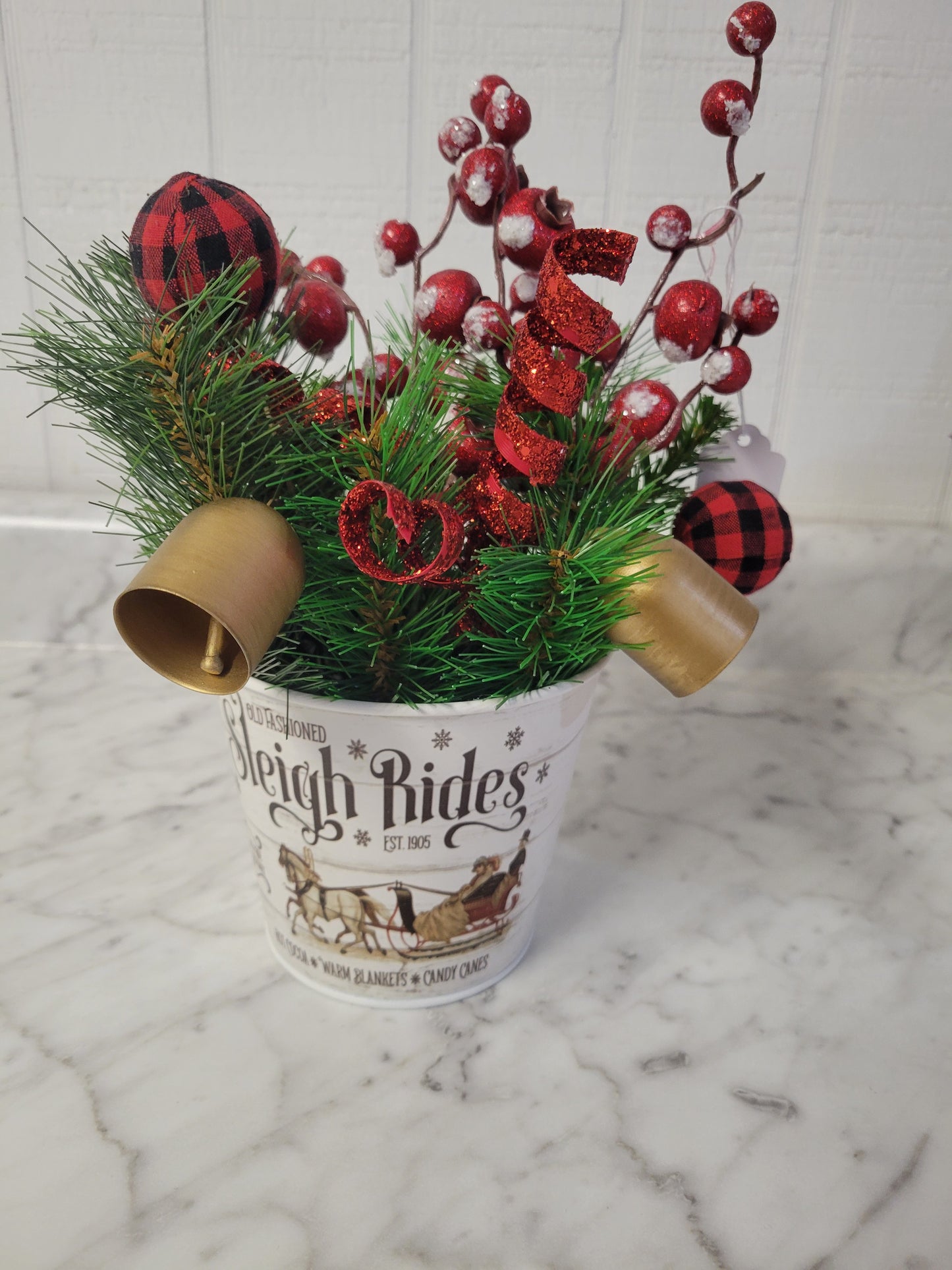 Rustic Christmas Sleigh Rides Arrangement – Holiday Table Decor with Bells, Buffalo Plaid & Red Berries – Farmhouse Winter Centerpiece