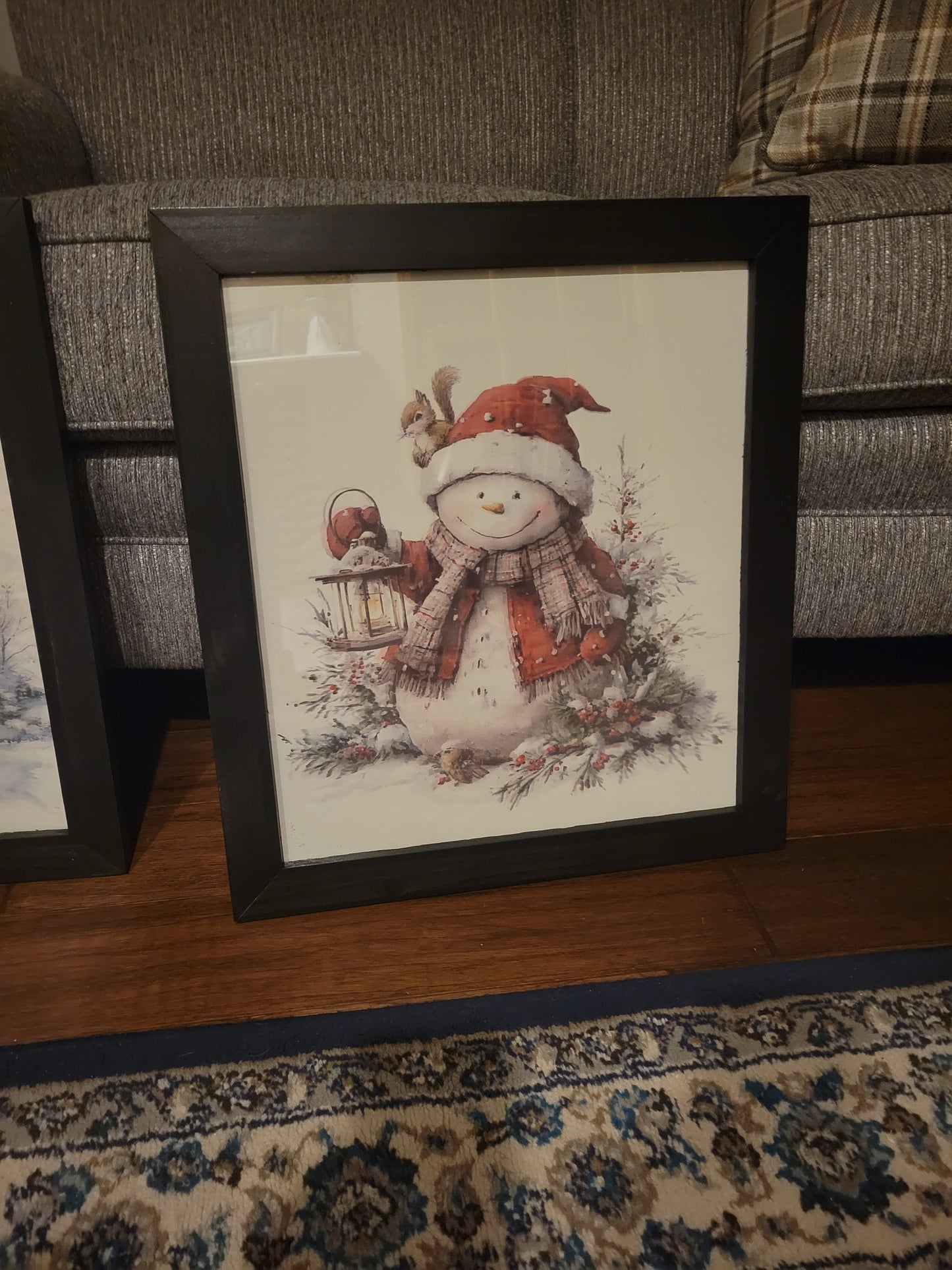 Rustic Snowman Christmas Wall Art – Winter Framed Print with Lantern & Cardinal – Farmhouse Holiday Decor