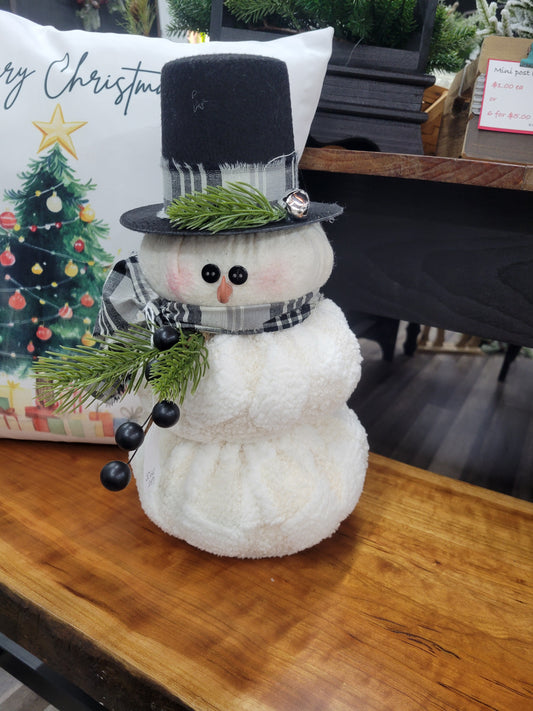 Plush Snowman Christmas Decor with Black Top Hat – Farmhouse Holiday Tabletop Decoration