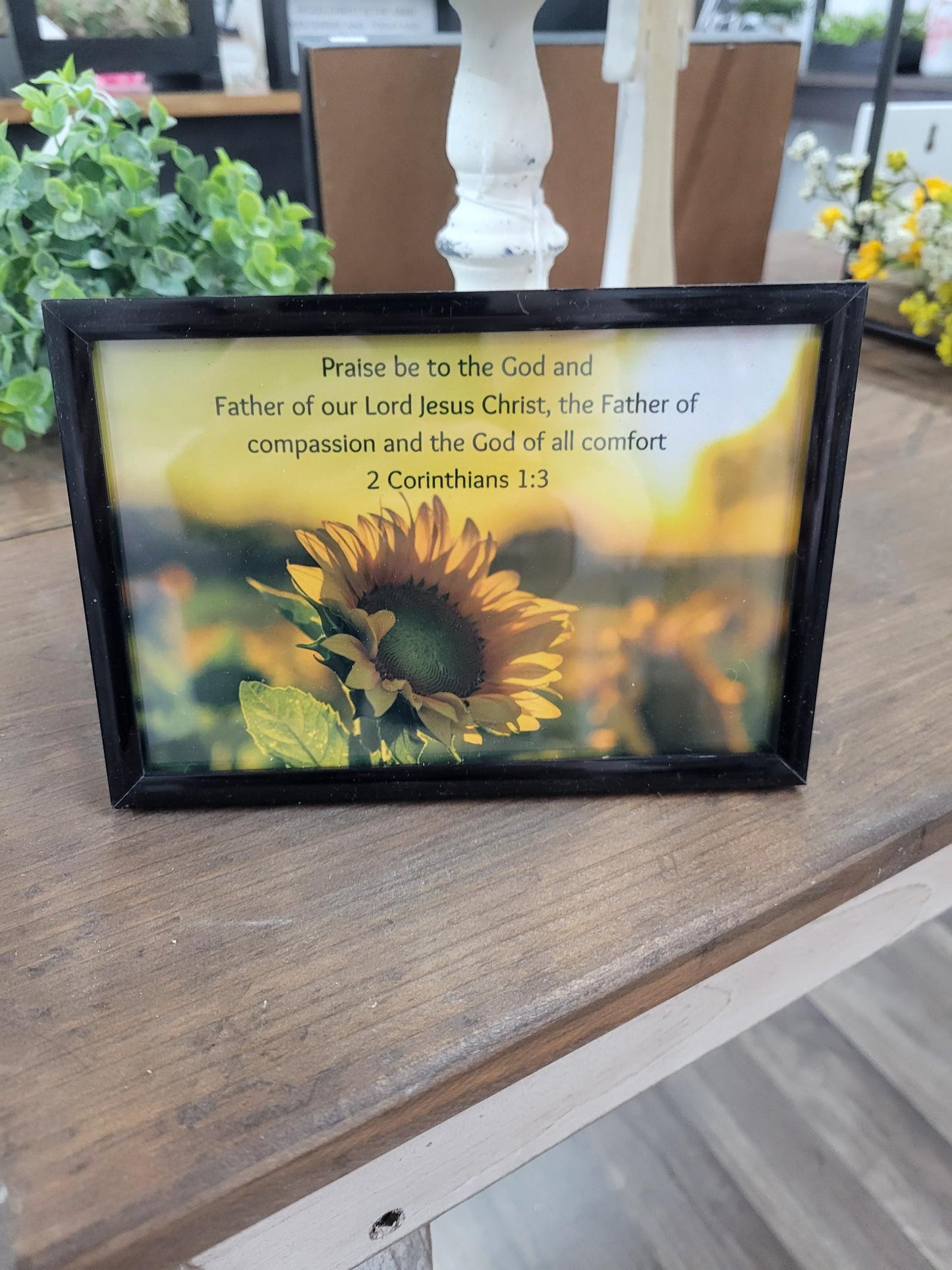 Framed Sunflower Christian Art – 2 Corinthians 1:3 Bible Verse Decor, Faith Scripture Home Décor
