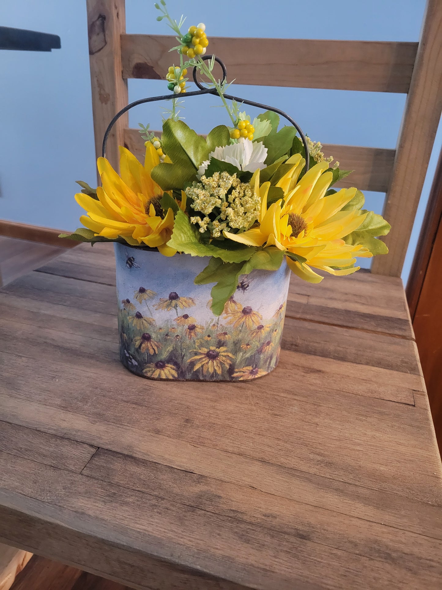 Sunflower Floral Bucket with Faux Yellow Flowers – Rustic Farmhouse Tabletop Decor