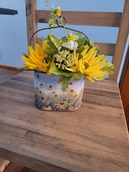 Sunflower Floral Bucket with Faux Yellow Flowers – Rustic Farmhouse Tabletop Decor