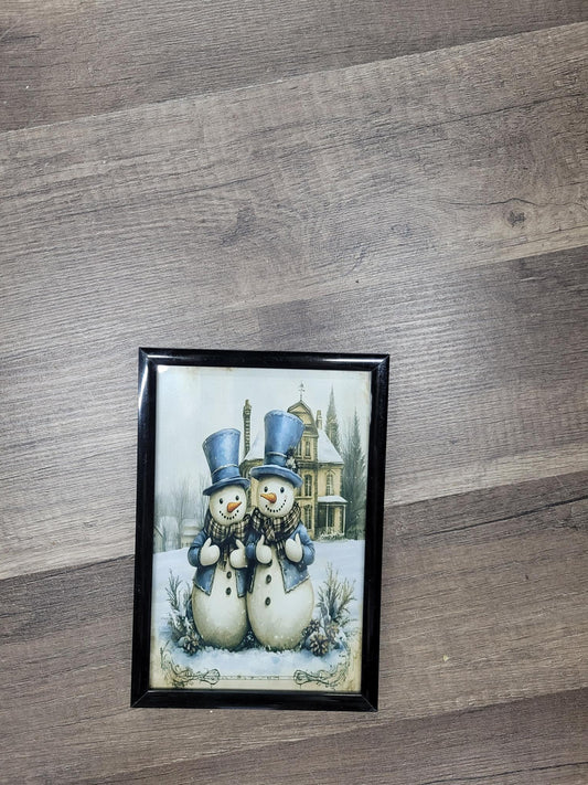 Charming 4x6 Snowman Couple Wall Art – Blue Winter Holiday Decor