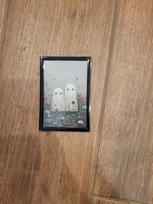Cute Ghosts in Flower Field Framed Art | Cottagecore Halloween Decor