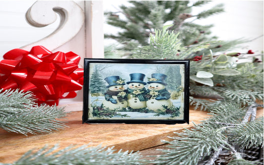 Framed Trio of Snowmen Art Print - Vintage Winter Christmas Decor
