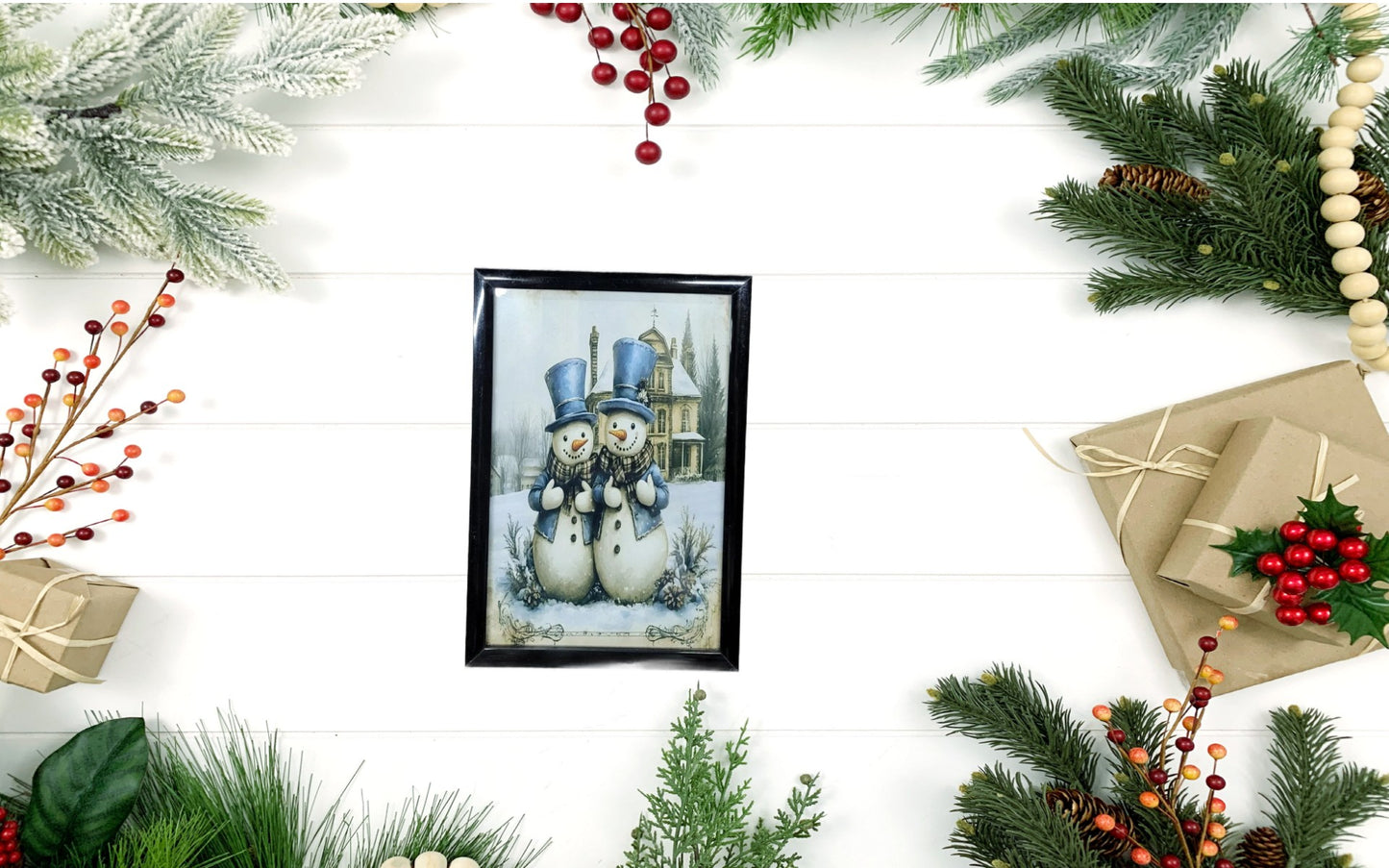 Charming 4x6 Snowman Couple Wall Art – Blue Winter Holiday Decor
