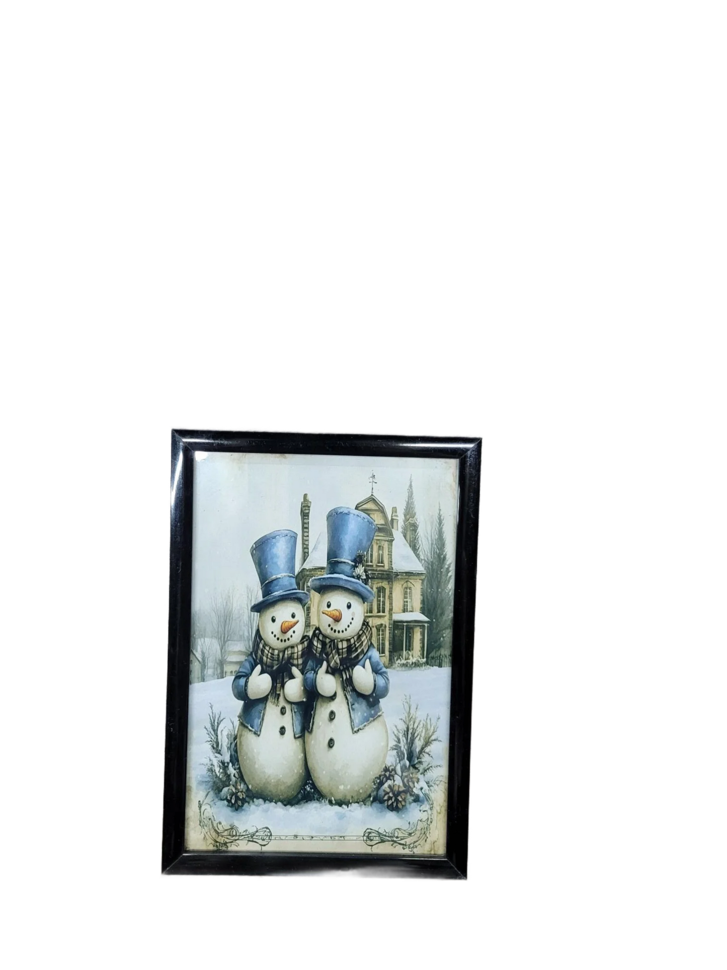 Charming 4x6 Snowman Couple Wall Art – Blue Winter Holiday Decor