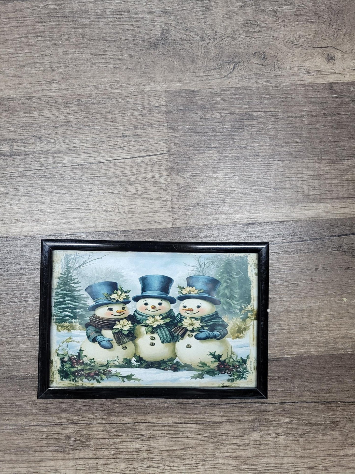 Framed Trio of Snowmen Art Print - Vintage Winter Christmas Decor