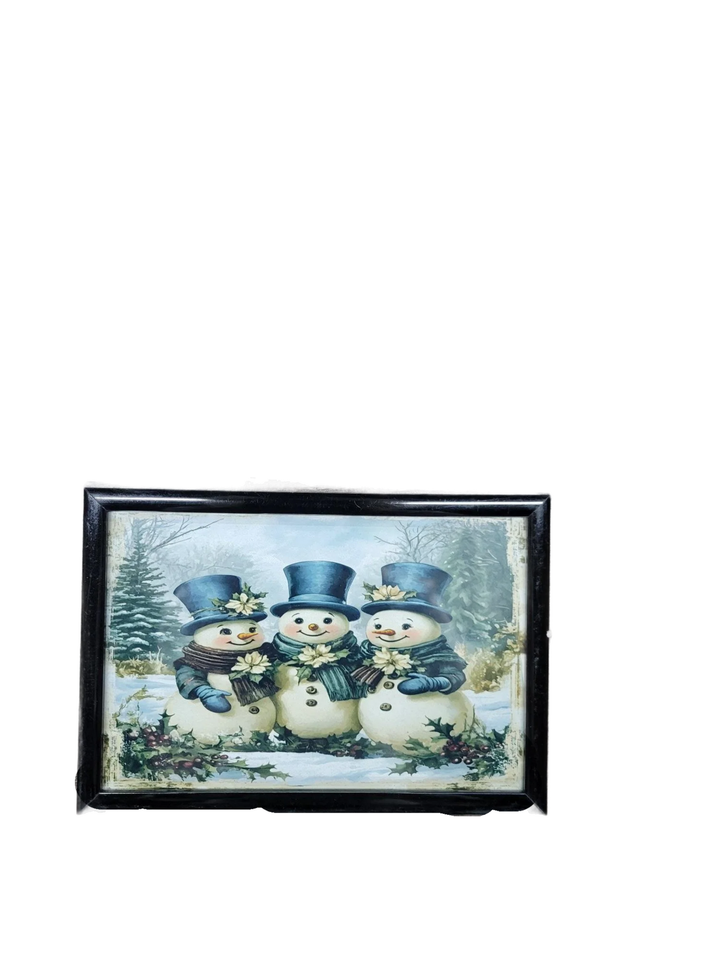 Framed Trio of Snowmen Art Print - Vintage Winter Christmas Decor