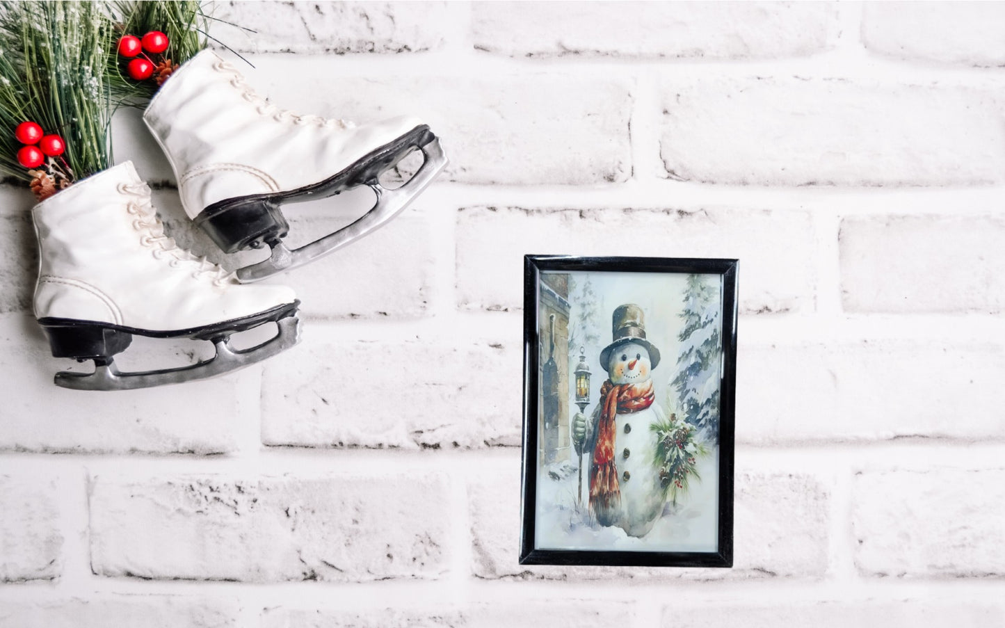 Framed Snowman with Lantern Art Print - Vintage Christmas Winter Decor