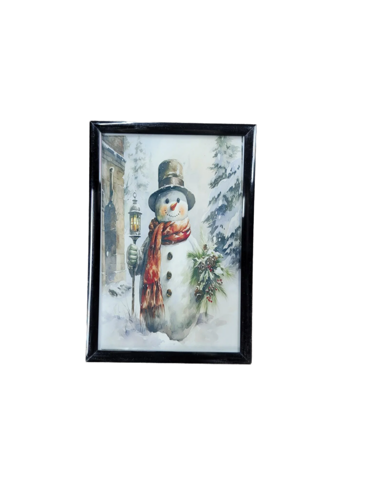 Framed Snowman with Lantern Art Print - Vintage Christmas Winter Decor