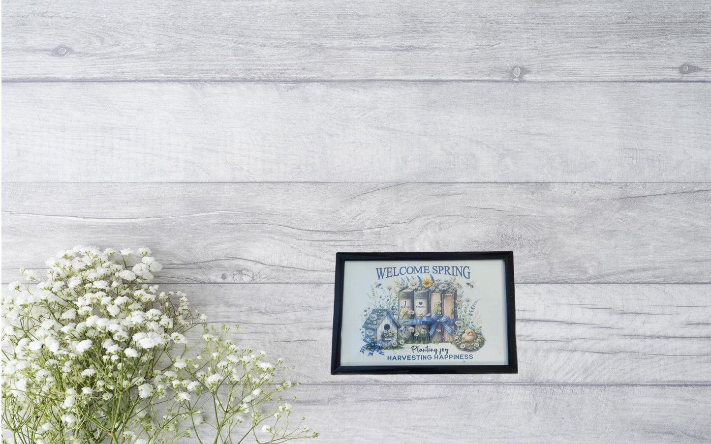 Welcome Spring Framed Art – Farmhouse Spring Decor with Books, Birdhouse & Flowers