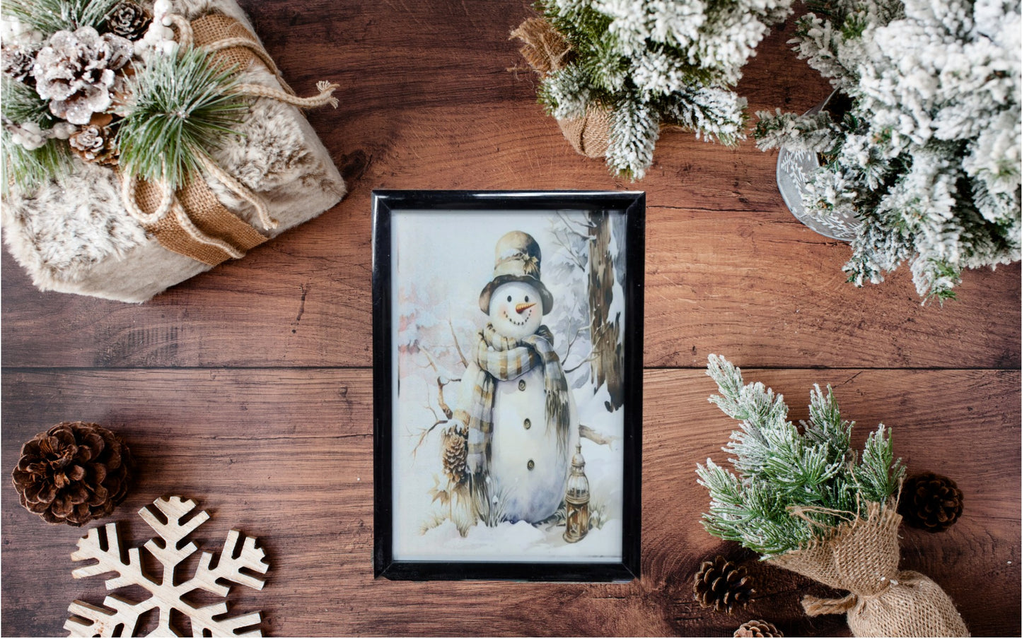 Vintage Snowman Framed Art - Cozy Winter Lantern Scene