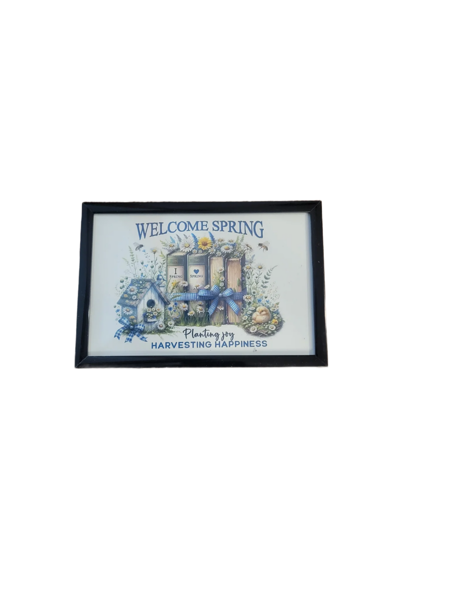 Welcome Spring Framed Art – Farmhouse Spring Decor with Books, Birdhouse & Flowers