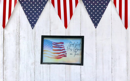 "God Shed His Grace on Thee" Framed Mini Art – 4x6 Patriotic American Flag Decor – Christian Americana Desk Art – Small Religious USA Gift – Black Framed Sign