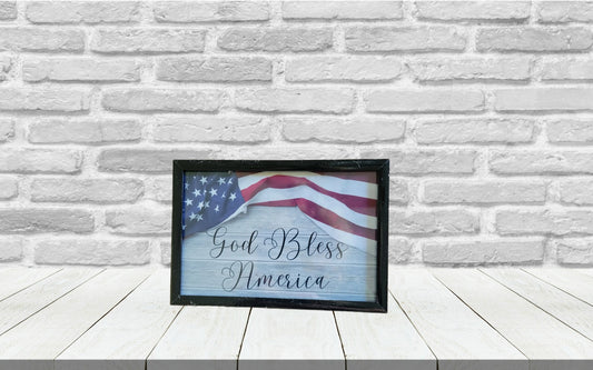 "God Bless America" Framed Patriotic Art – American Flag Wood Plank Style Sign – Rustic Christian Americana Decor – 4x6 Small Patriotic Gift – Black Framed USA Wall Art