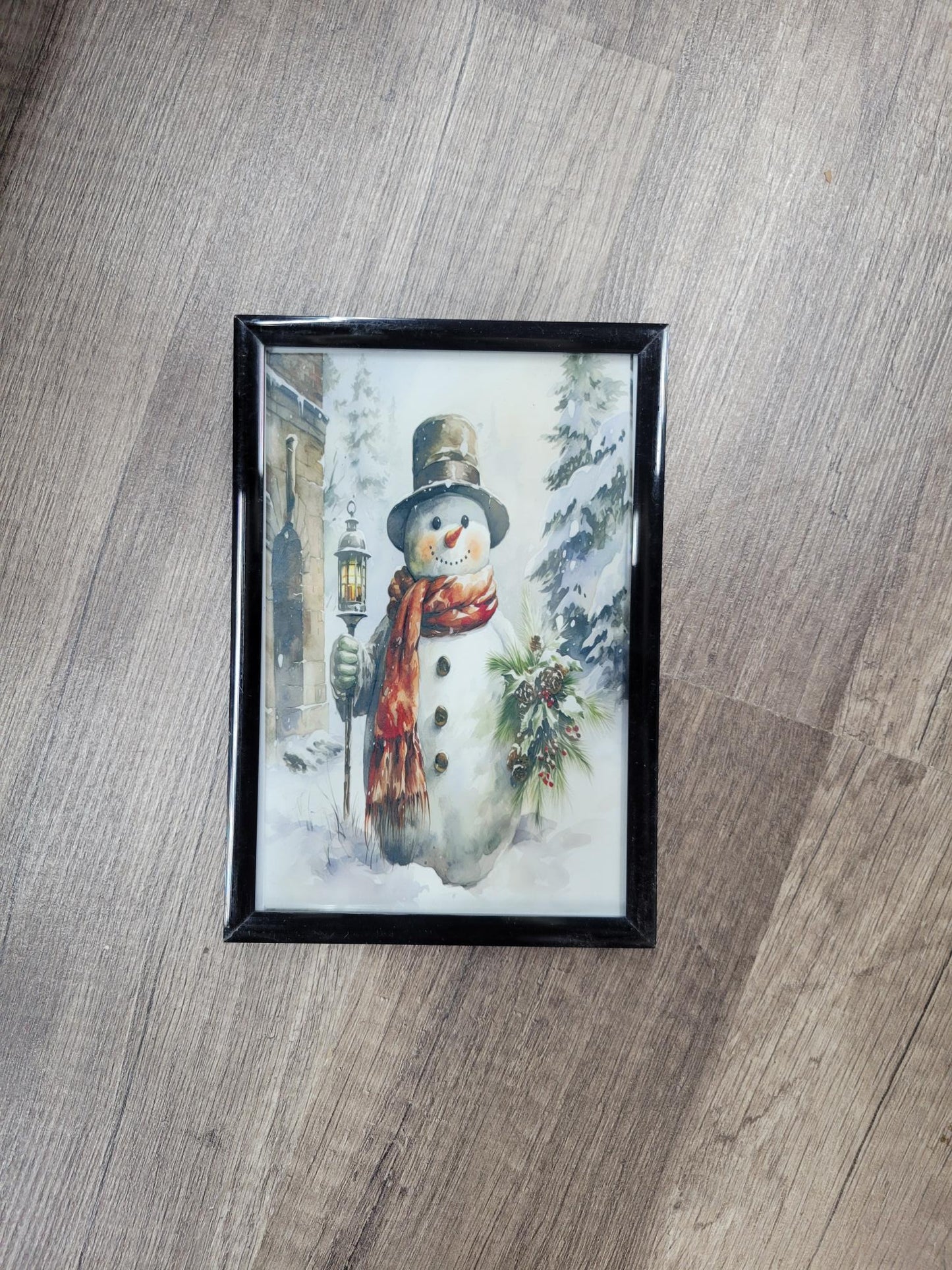 Framed Snowman with Lantern Art Print - Vintage Christmas Winter Decor