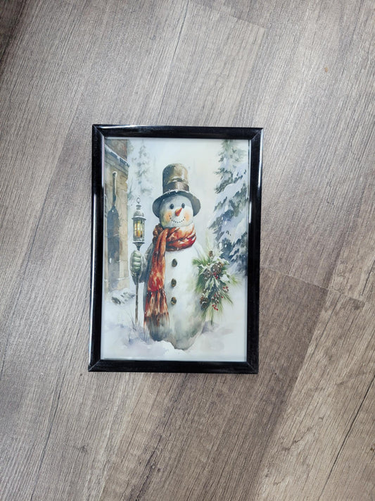 Framed Snowman with Lantern Art Print - Vintage Christmas Winter Decor