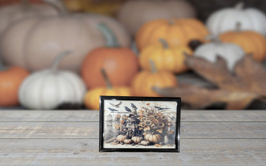 Rustic Fall Scarecrow and Sunflower – Autumn Pumpkins and Crows Farmhouse Decor
