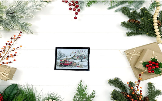Framed Vintage Christmas Wagon Art - Snowy Winter Farmhouse Scene