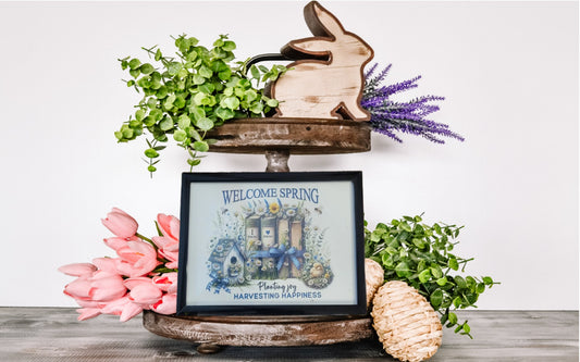Welcome Spring Framed Art – Farmhouse Spring Decor with Books, Birdhouse & Flowers