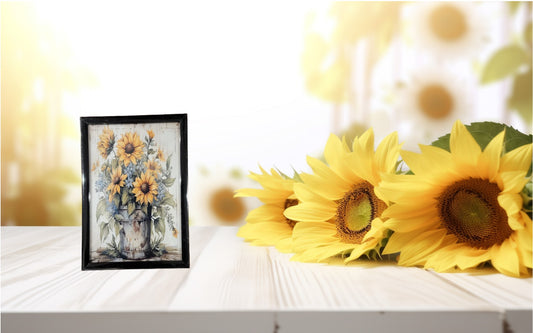 Rustic Sunflower Picture – Country Farmhouse Floral Print in 4x6 Black Frame