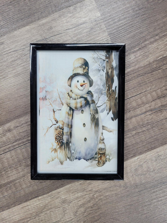 Vintage Snowman Framed Art - Cozy Winter Lantern Scene