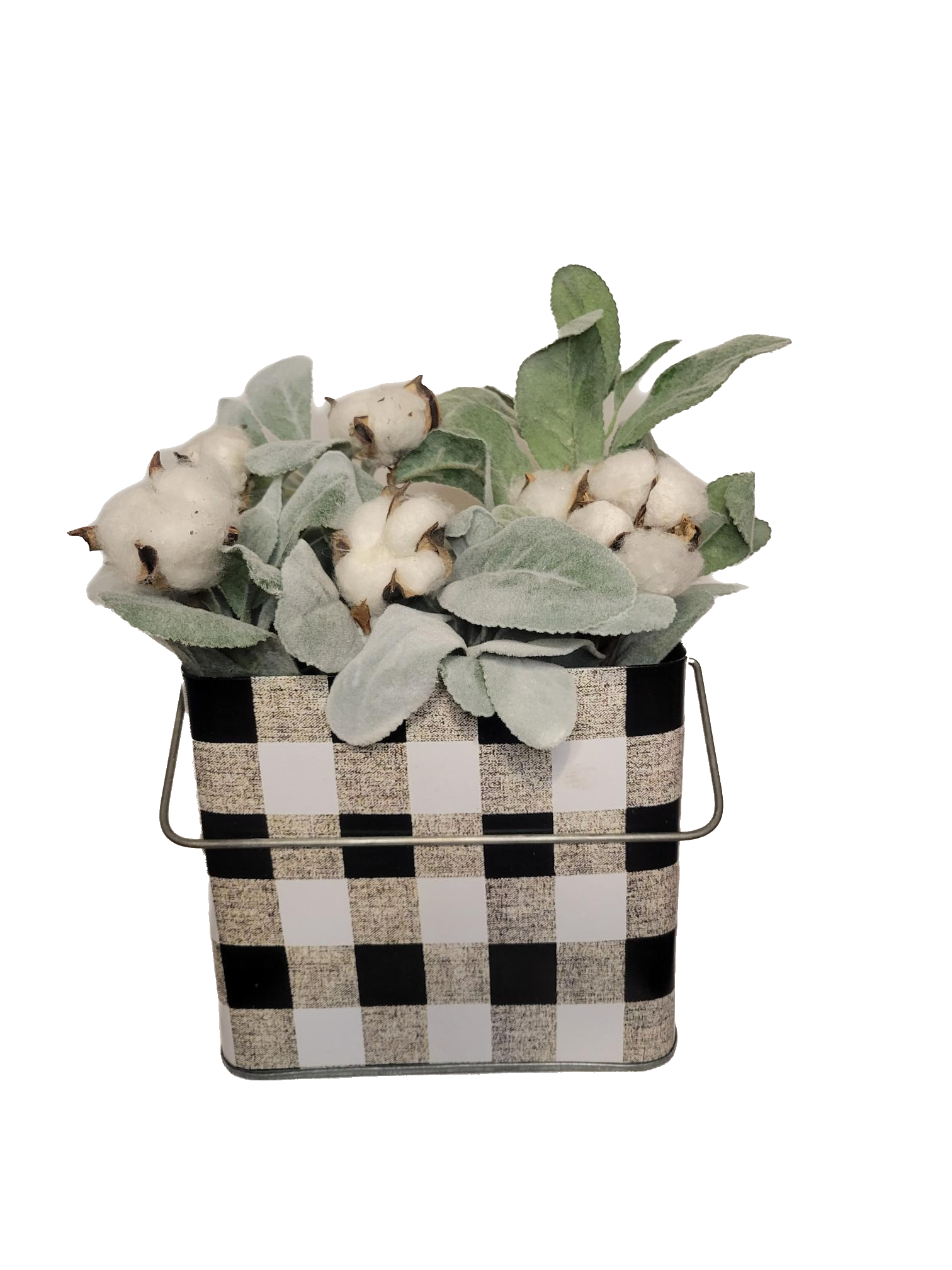 Large Plaid Metal Container with Lambs Ear and Cotton - Container, Soft